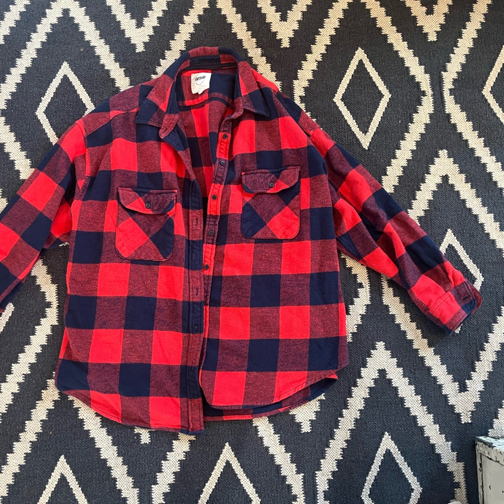 Aerie Women’s Red and Navy Plaid Button Down Boyfriend Flannel Shirt